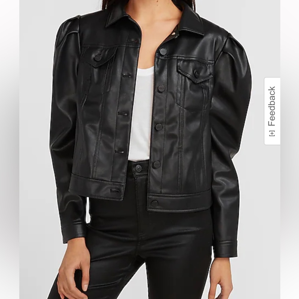 Express Faux Leather Puff Sleeve Trucker Jacket - Black